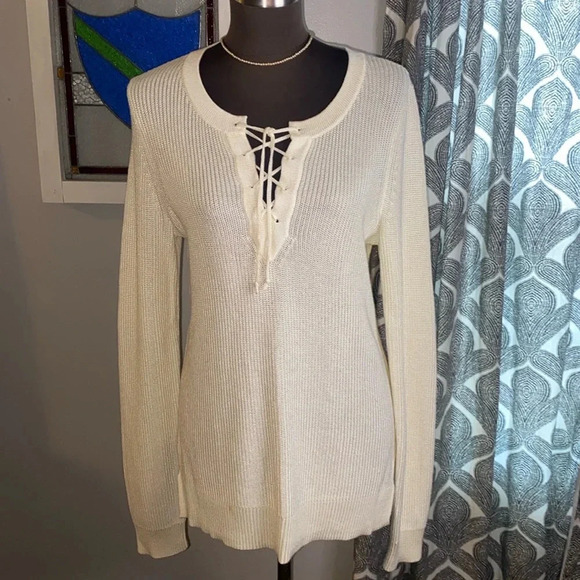 Lauren Ralph Lauren lace up cotton/ viscous blend crew neck sweater - Picture 1 of 10
